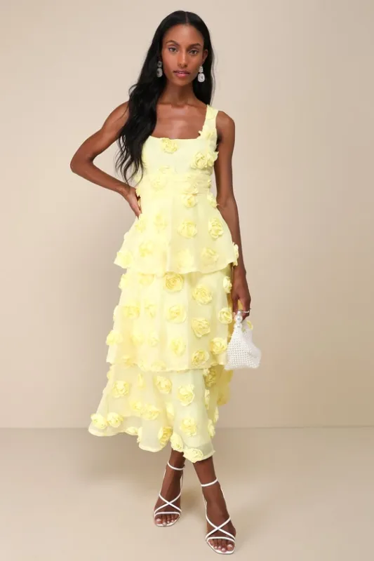 Exceptional Entrance Yellow Sleeveless Tiered Rosette Midi Dress sold by Lulus