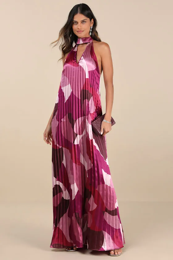 Prime Poise Pink Multi Abstract Satin Halter Maxi Dress sold by Lulus