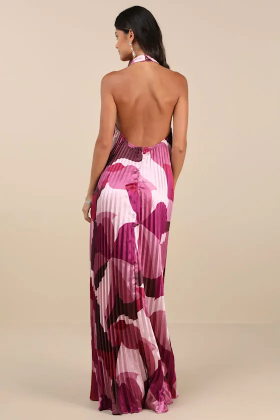 Prime Poise Pink Multi Abstract Satin Halter Maxi Dress sold by Lulus product image thumbnail 2