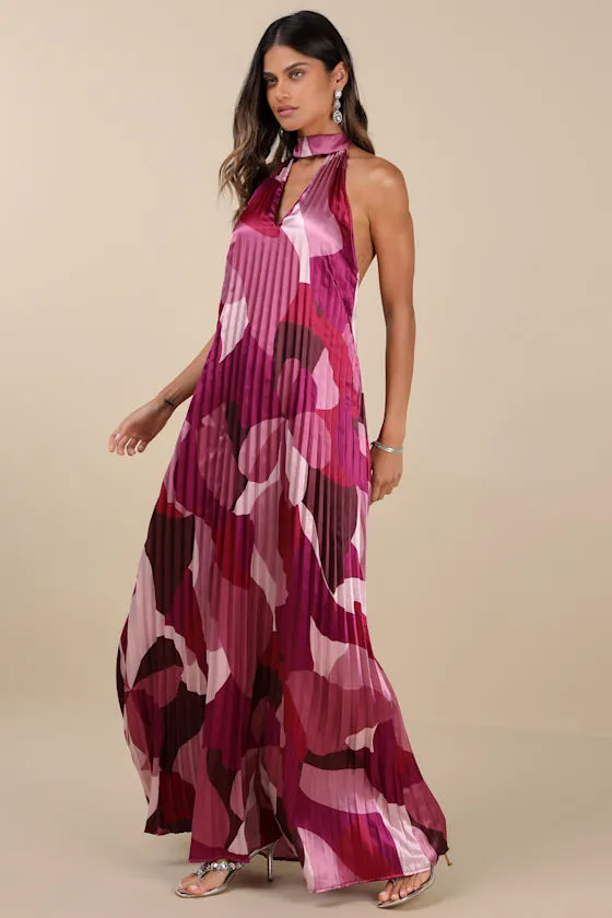 Prime Poise Pink Multi Abstract Satin Halter Maxi Dress sold by Lulus product image thumbnail 3