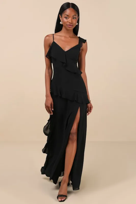 Utterly Captivating Black Ruffled Sleeveless Maxi Dress sold by Lulus