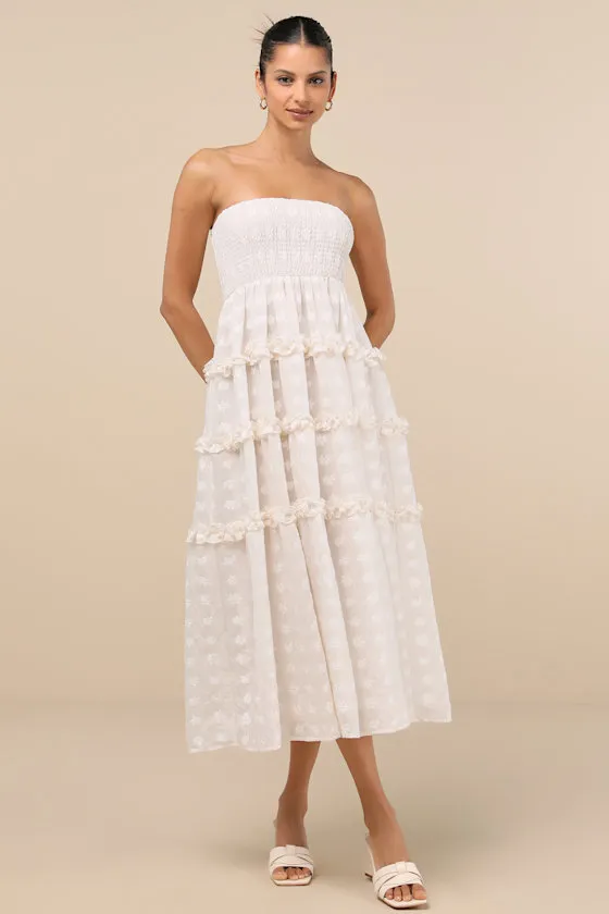 Beautiful Sentiments Ivory Floral Strapless Tiered Midi Dress sold by Lulus