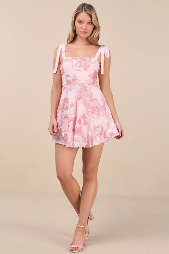 Truly Inspiring Pink Mesh Floral Applique Tie-Strap Mini Dress sold by Lulus product image thumbnail 3