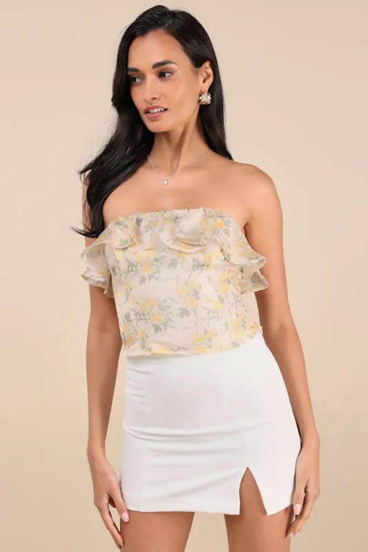 Natela Cream Floral Strapless Ruffled Top sold by Lulus