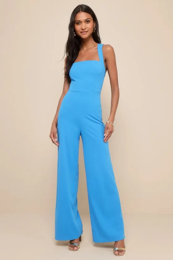 Glamorous Dedication Blue Sleeveless Wide-Length Jumpsuit sold by Lulus