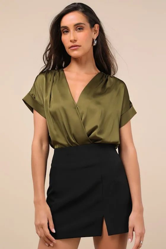 Posh Precision Olive Green Satin Surplice Short Sleeve Bodysuit sold by Lulus