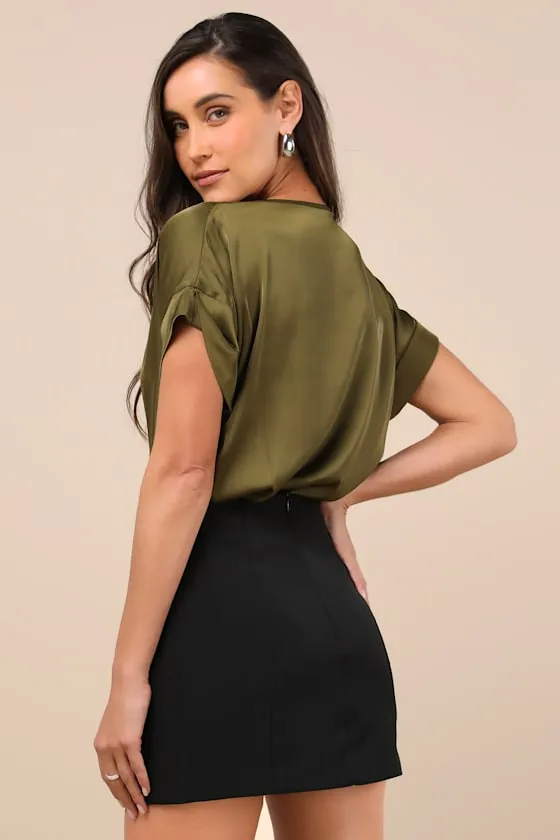 Posh Precision Olive Green Satin Surplice Short Sleeve Bodysuit sold by Lulus product image thumbnail 2