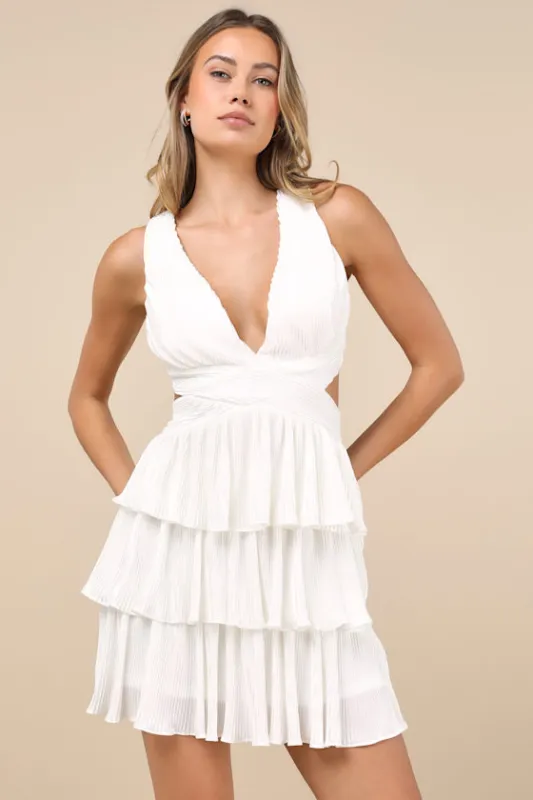 Beauty Icon White Satin Pleated Tiered Lace-Up Mini Dress sold by Lulus