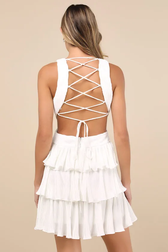 Beauty Icon White Satin Pleated Tiered Lace-Up Mini Dress sold by Lulus product image thumbnail 2