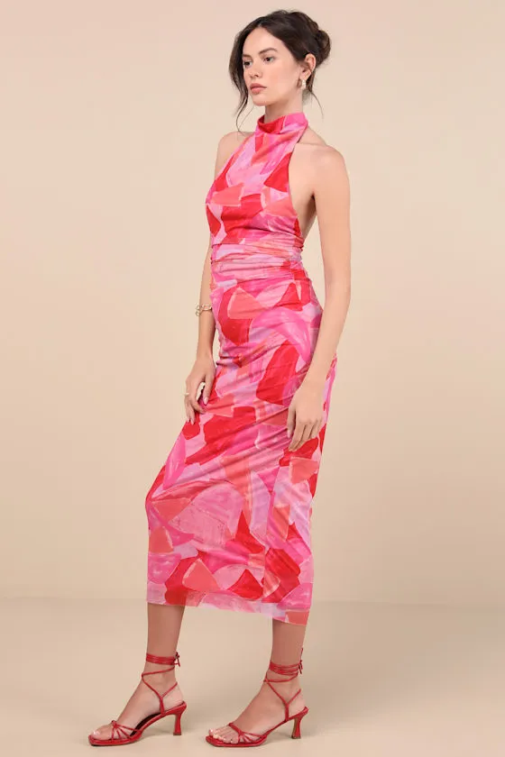 Idyllic in Ibiza Pink Abstract Print Mock Neck Halter Midi Dress sold by Lulus product image thumbnail 4