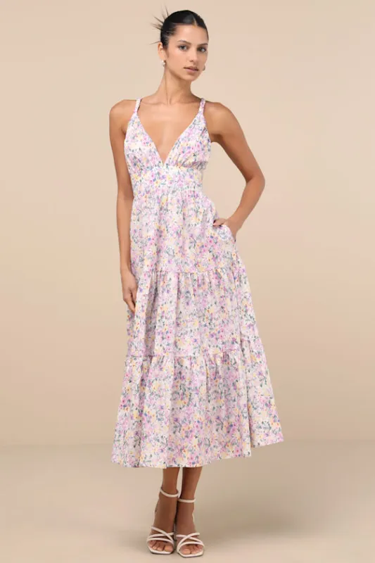 Brightly Blossoming Pink Multi Floral Tiered Midi Dress sold by Lulus