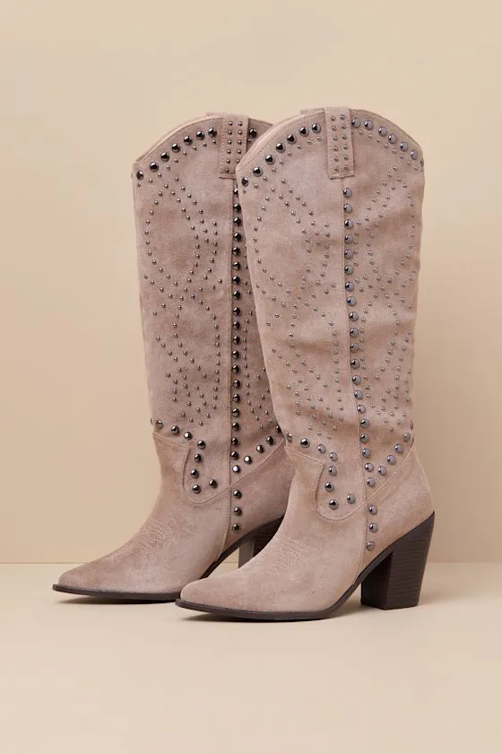 Mallerie Taupe Suede Studded Knee-High Western Boots sold by Lulus product image thumbnail 3