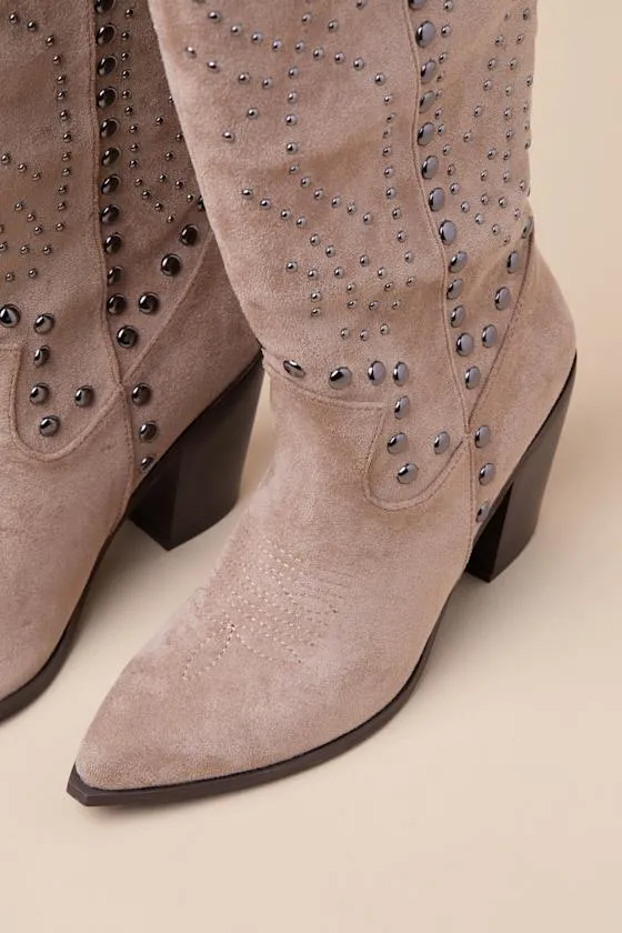 Mallerie Taupe Suede Studded Knee-High Western Boots sold by Lulus product image thumbnail 4