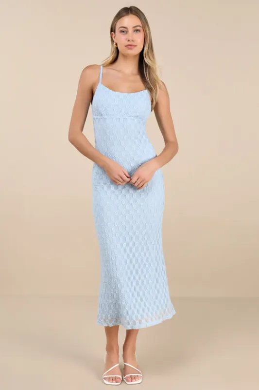 Lucky Girl Light Blue Sleeveless Lace Midi Dress sold by Lulus