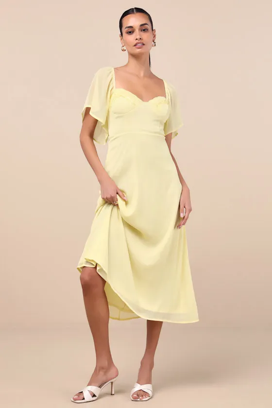 Valla Light Yellow Flutter Sleeve Midi Dress sold by Lulus