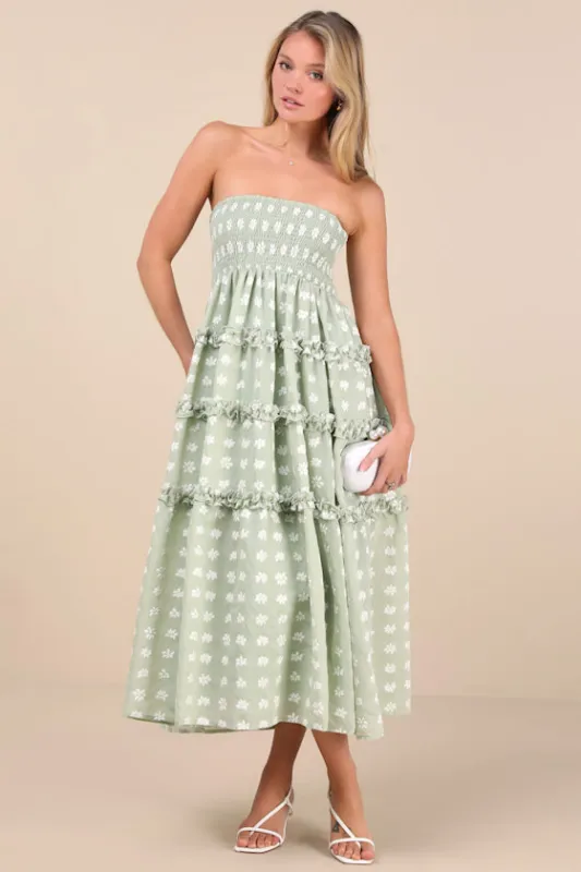 Beautiful Sentiments Sage Floral Strapless Tiered Midi Dress sold by Lulus