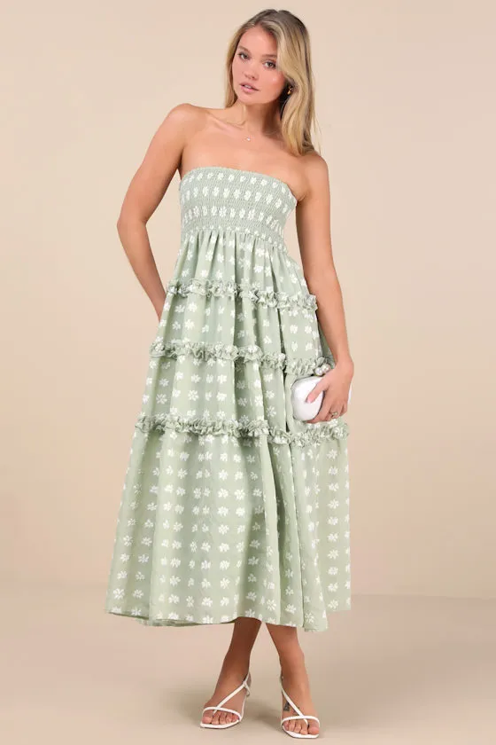 Beautiful Sentiments Sage Floral Strapless Tiered Midi Dress sold by Lulus