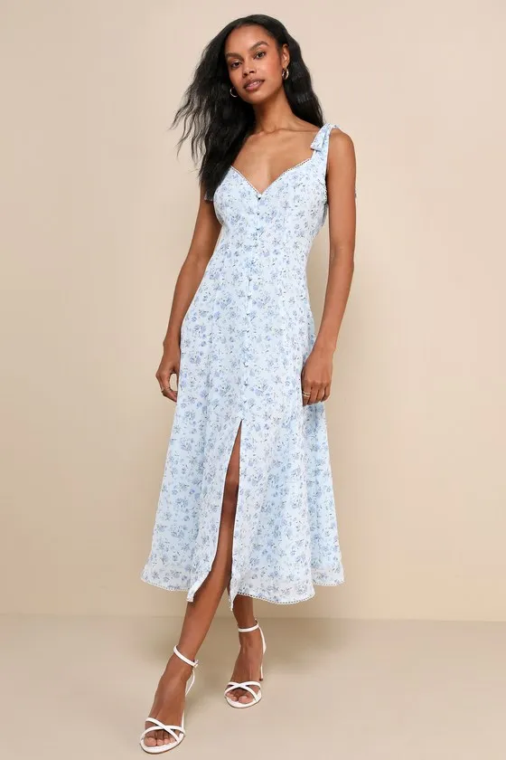 Charismatic Persona Light Blue Floral Tie-Strap Midi Dress sold by Lulus