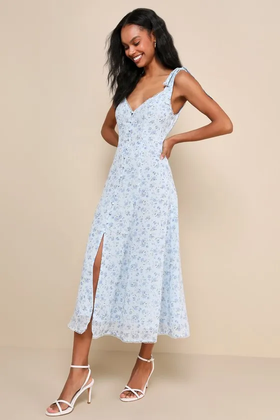 Charismatic Persona Light Blue Floral Tie-Strap Midi Dress sold by Lulus product image thumbnail 2