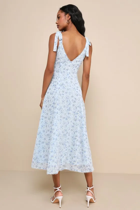 Charismatic Persona Light Blue Floral Tie-Strap Midi Dress sold by Lulus product image thumbnail 3