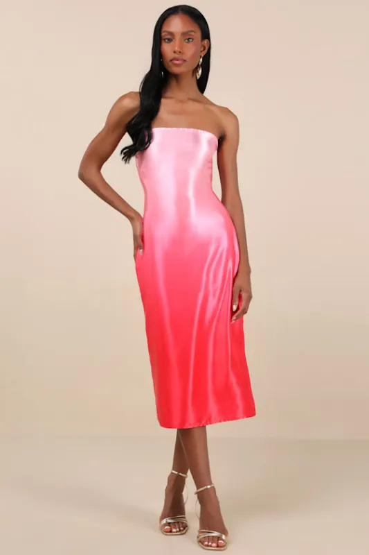 Indescribable Poise Pink Ombre Satin Strapless Midi Dress sold by Lulus