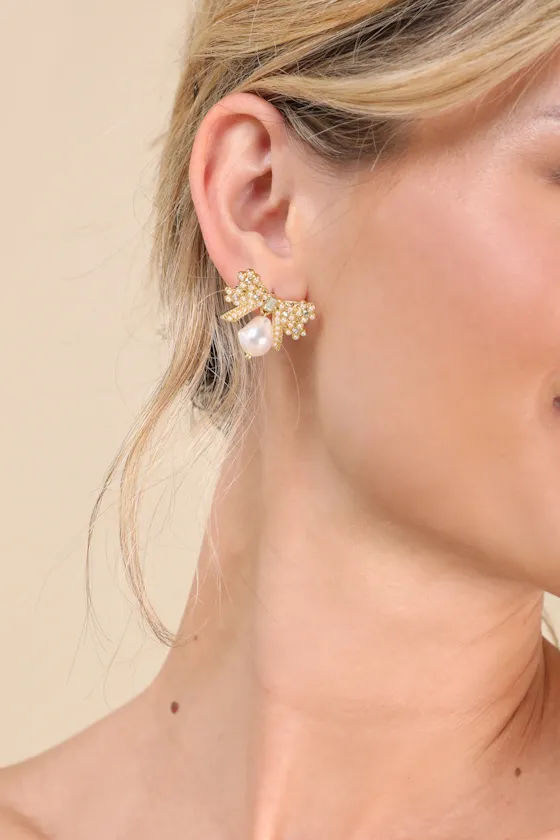 Carabella 14KT Gold Rhinestone Pearl Bow Earrings sold by Lulus product image thumbnail 2