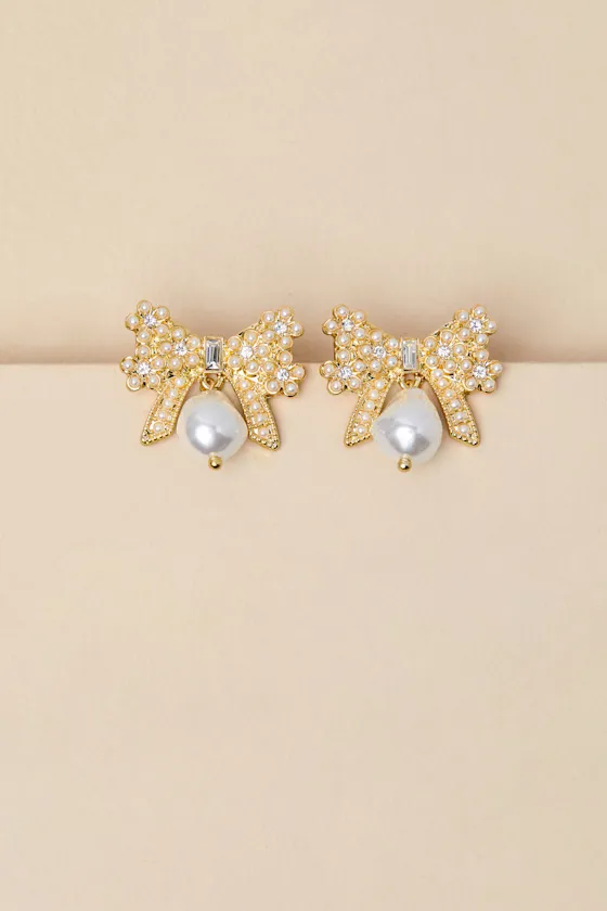 Carabella 14KT Gold Rhinestone Pearl Bow Earrings sold by Lulus product image thumbnail 3