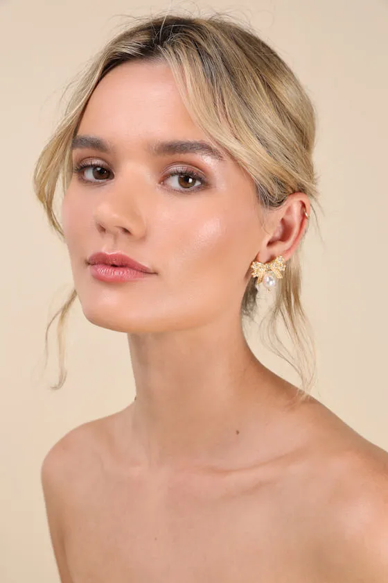 Carabella 14KT Gold Rhinestone Pearl Bow Earrings sold by Lulus product image thumbnail 4