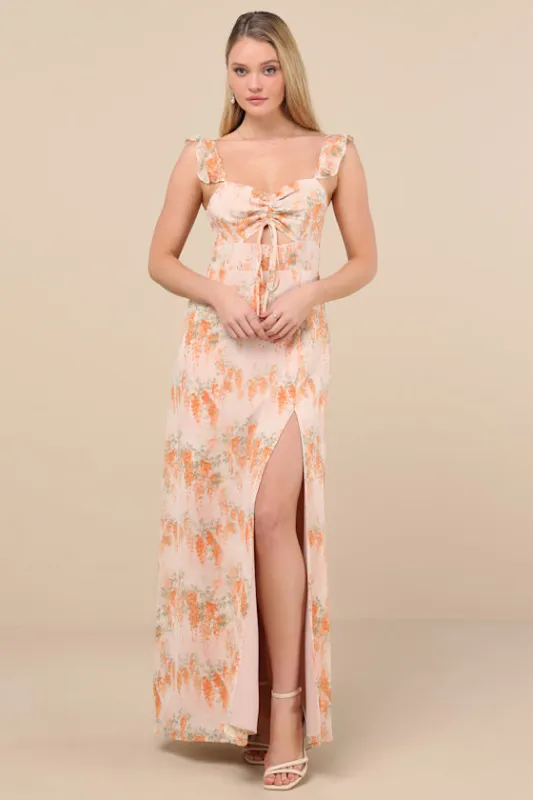 The Way to Love Orange Floral Print Ruffled Maxi Dress sold by Lulus