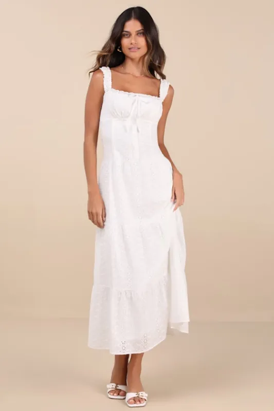Nerissa White Eyelet Embroidered Ruffled Drop Waist Midi Dress sold by Lulus