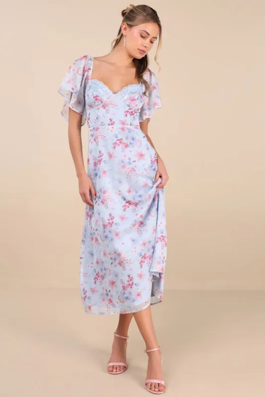 Valla Light Blue Floral Flutter Sleeve Midi Dress sold by Lulus
