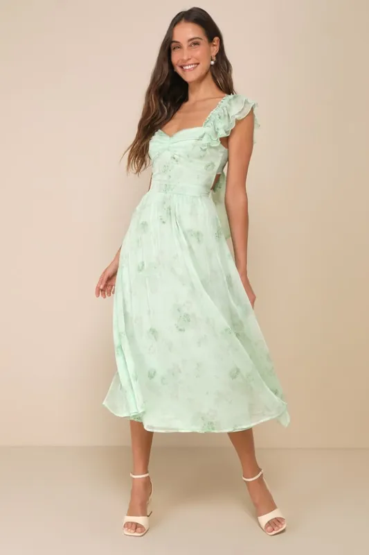 Loveliest Darling Light Green Floral Ruffled Tie-Back Midi Dress sold by Lulus