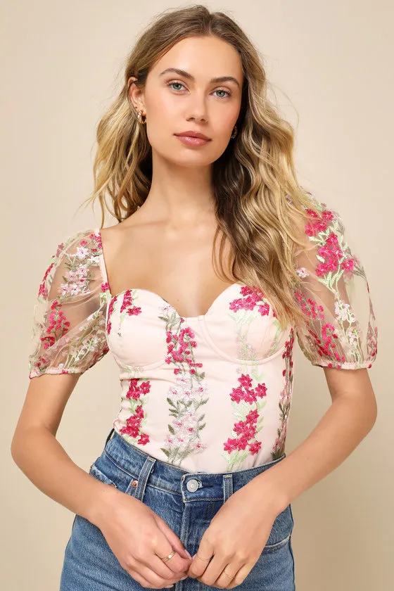 Essence of Elegance Pink Embroidered Floral Bustier Bodysuit sold by Lulus