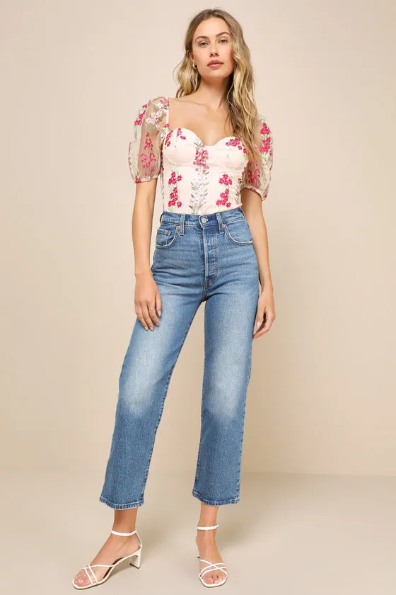 Essence of Elegance Pink Embroidered Floral Bustier Bodysuit sold by Lulus product image thumbnail 3