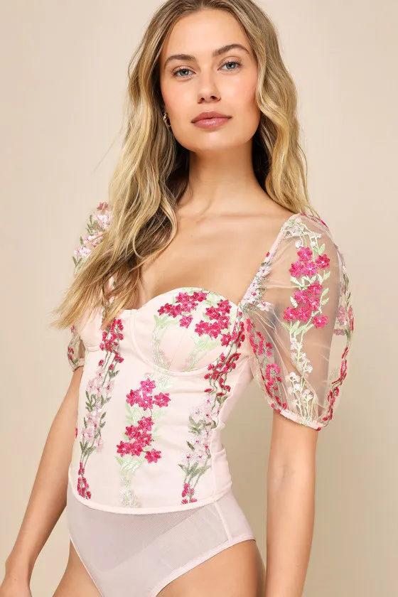 Essence of Elegance Pink Embroidered Floral Bustier Bodysuit sold by Lulus product image thumbnail 4