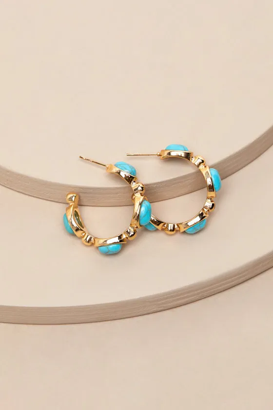 Bari Gold Turquoise Hoop Earrings sold by Lulus