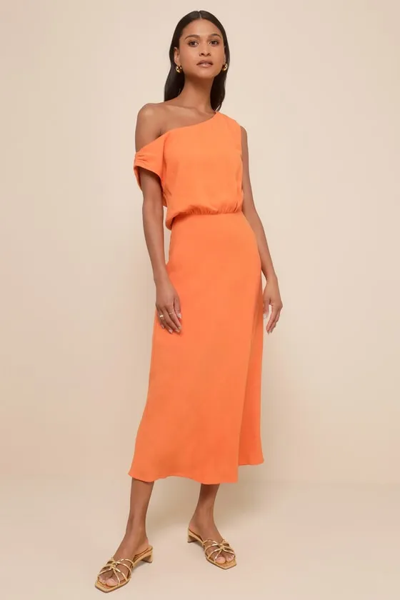 Casual Enchantment Orange Linen Off-the-Shoulder Midi Dress sold by Lulus