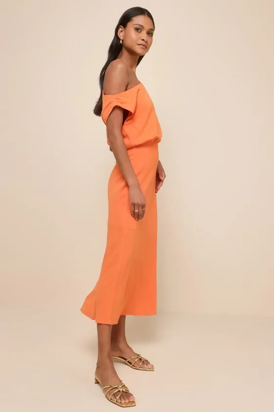 Casual Enchantment Orange Linen Off-the-Shoulder Midi Dress sold by Lulus product image thumbnail 4