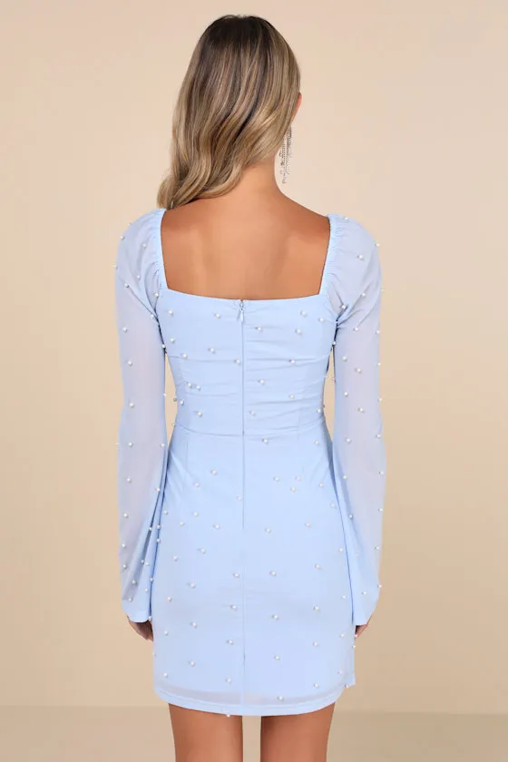 Flirty Luxury Light Blue Mesh Pearl Long Sleeve Mini Dress sold by Lulus product image thumbnail 3