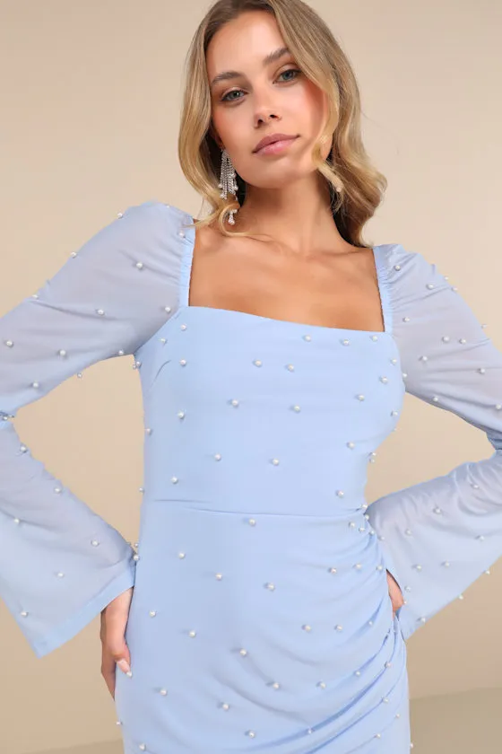 Flirty Luxury Light Blue Mesh Pearl Long Sleeve Mini Dress sold by Lulus product image thumbnail 4