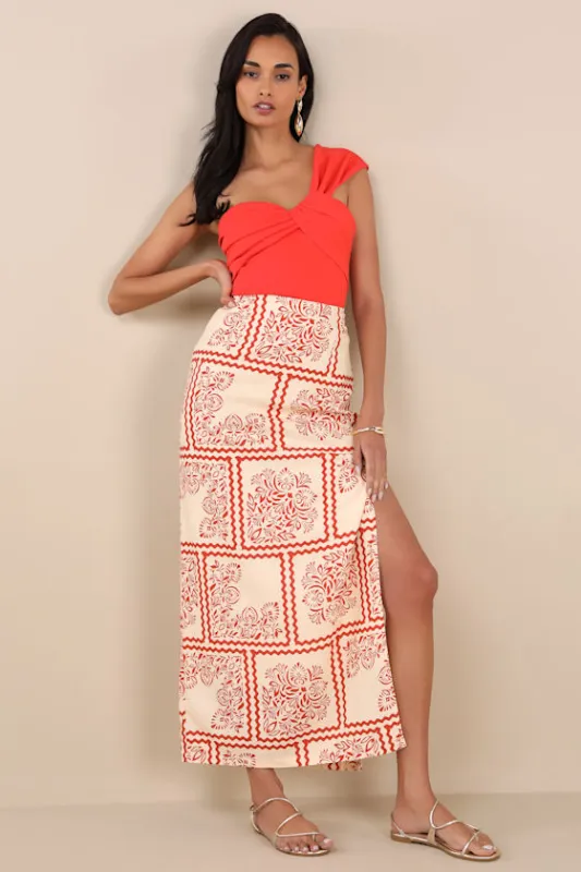 Clementine Cream and Red Boho Print High-Rise Maxi Skirt sold by Lulus