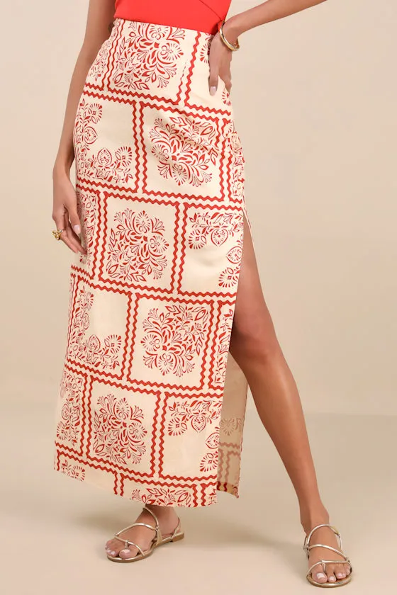 Clementine Cream and Red Boho Print High-Rise Maxi Skirt sold by Lulus product image thumbnail 2