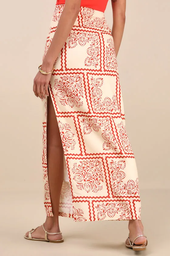 Clementine Cream and Red Boho Print High-Rise Maxi Skirt sold by Lulus product image thumbnail 3