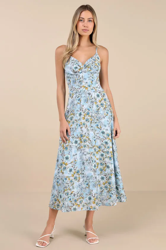Tie With You Light Blue Floral Print Tie-Back Midi Dress sold by Lulus