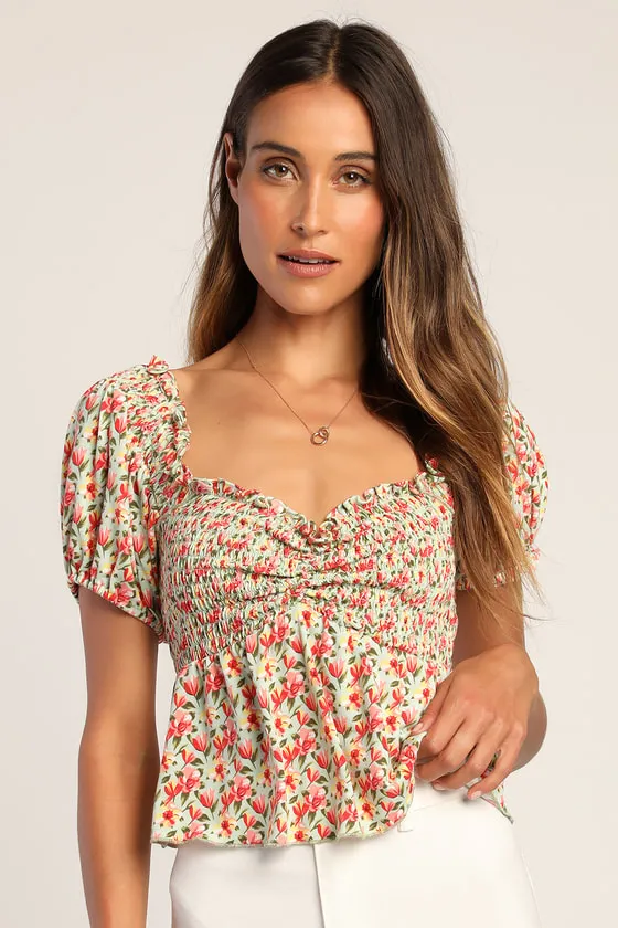 Such A Flirt Sage Floral Smocked Peplum Short Sleeve Top sold by Lulus