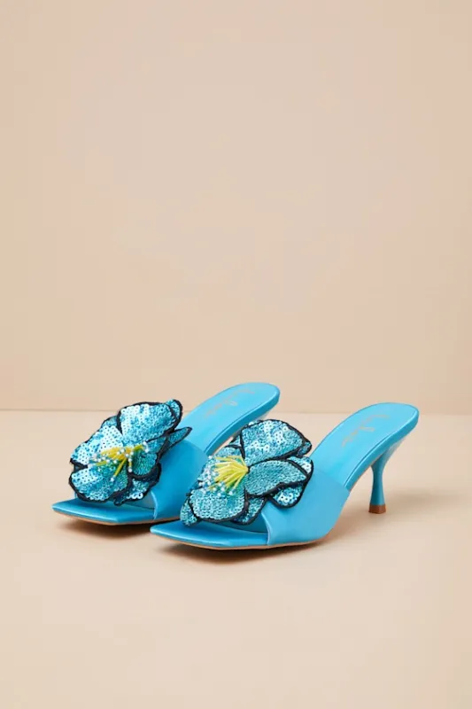 Lumena Turquoise Satin Flower High Heel Slide Sandals sold by Lulus