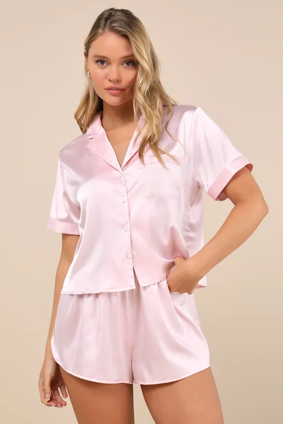 Pleasant Dreams Pink Satin Two-Piece Pajama Set sold by Lulus