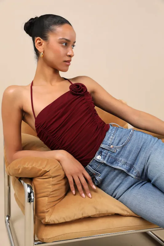 Elyas Burgundy Mesh Ruched Rosette Backless Bodysuit sold by Lulus
