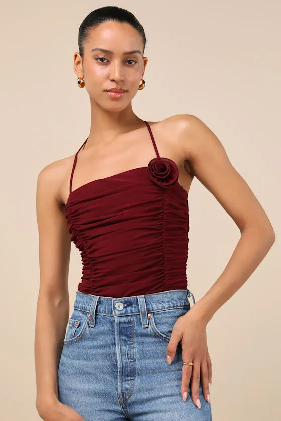Elyas Burgundy Mesh Ruched Rosette Backless Bodysuit sold by Lulus product image thumbnail 2