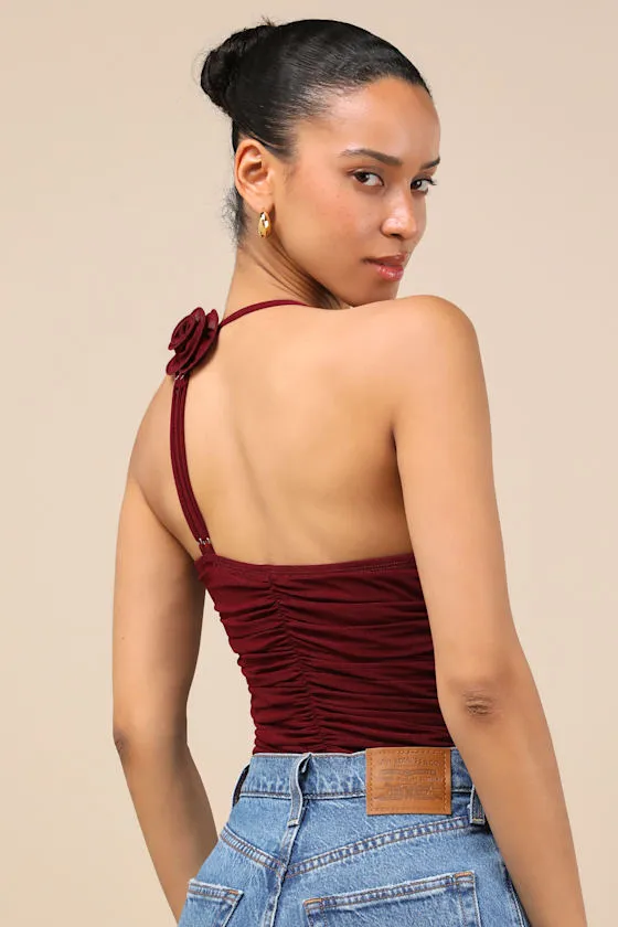 Elyas Burgundy Mesh Ruched Rosette Backless Bodysuit sold by Lulus product image thumbnail 3